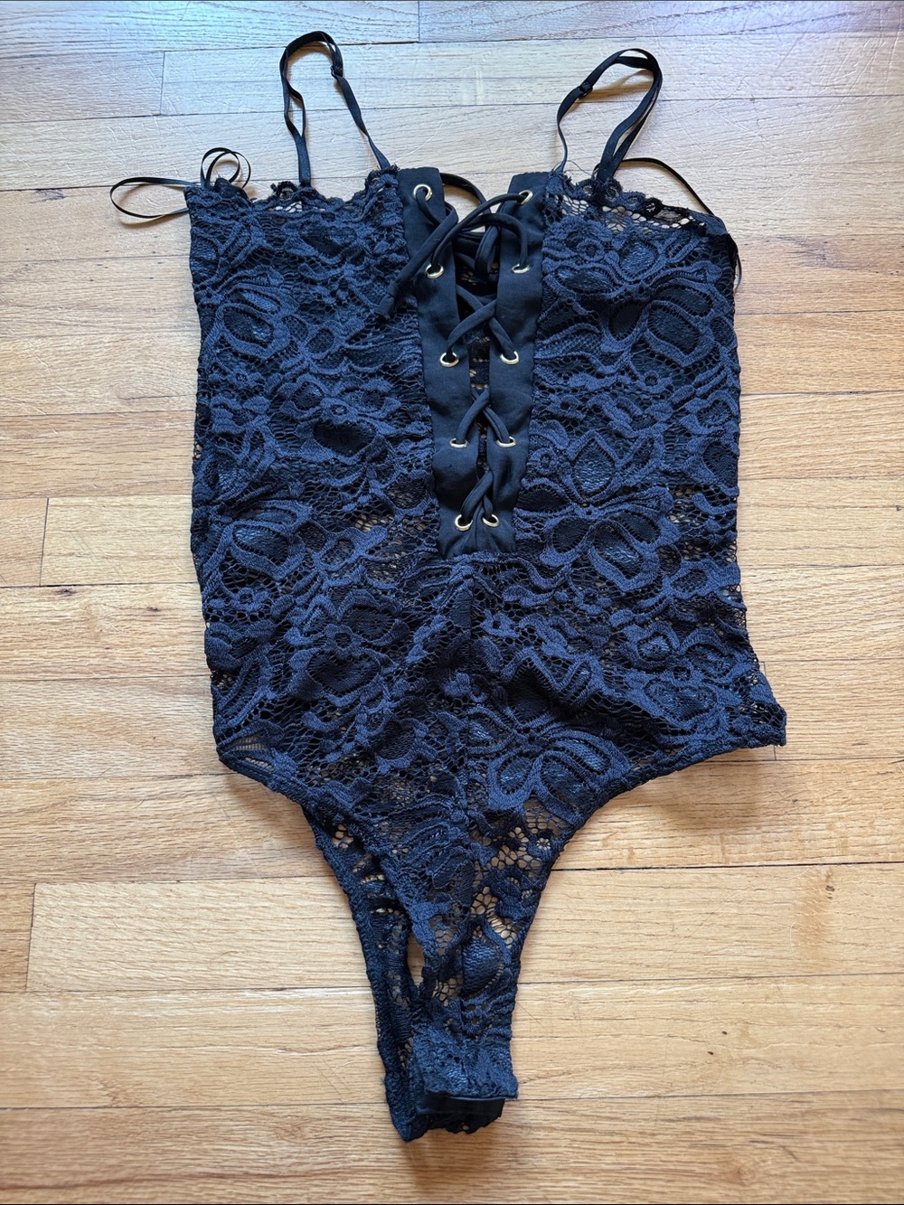 Black Lace-Up Lace Bodysuit